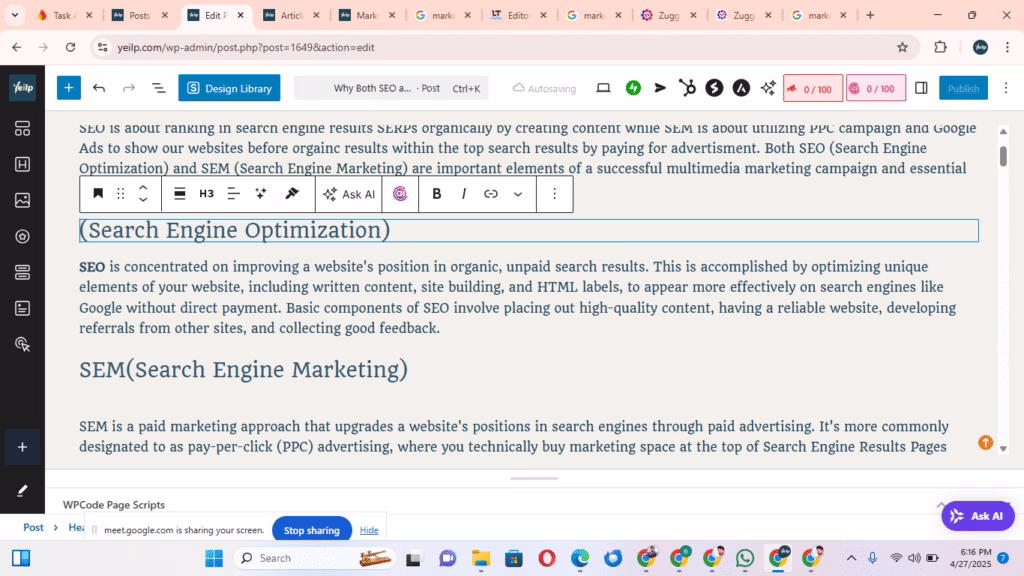 The first step in SEO is content creation. Historically, the majority of SEO specialists have created content on their own by conducting web research, reading relevant articles, and using various resources to create better copy. Currently, SEO professionals and content writers are primarily utilizing AI-based content creation tools (e.g., Jasper, Copy.ai) to write content. However, it is also valuable to add their experience, follow Google E-E-A-T + if possible personal guidance in order to ensure authenticity and write the best content copy that rank well, provides value to users and avoids unwarranted penalties. AI also serves with multi-language SEO, altering content optimized for wide audiences by determining your local search preferences.